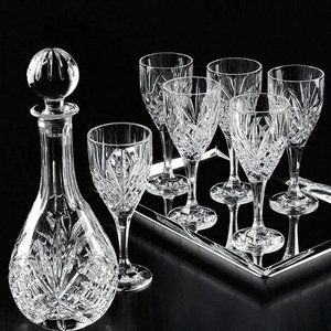 Diamond-Cut Crystal 7 Piece Wine Set Bohemia wine DECANTER and 6 goblets